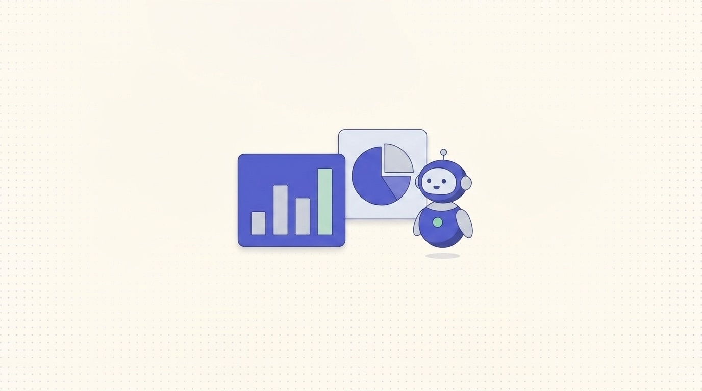 Illustration of a friendly AI assistant beside bar and pie chart cards