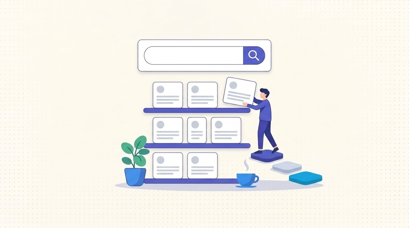 Illustration of a person adding an article card to a help center shelf under a search bar
