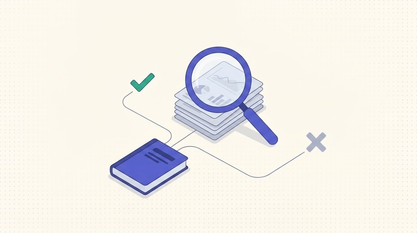 Illustration of a magnifying glass over statistics documents traced back to a source book, one confirmed and one rejected
