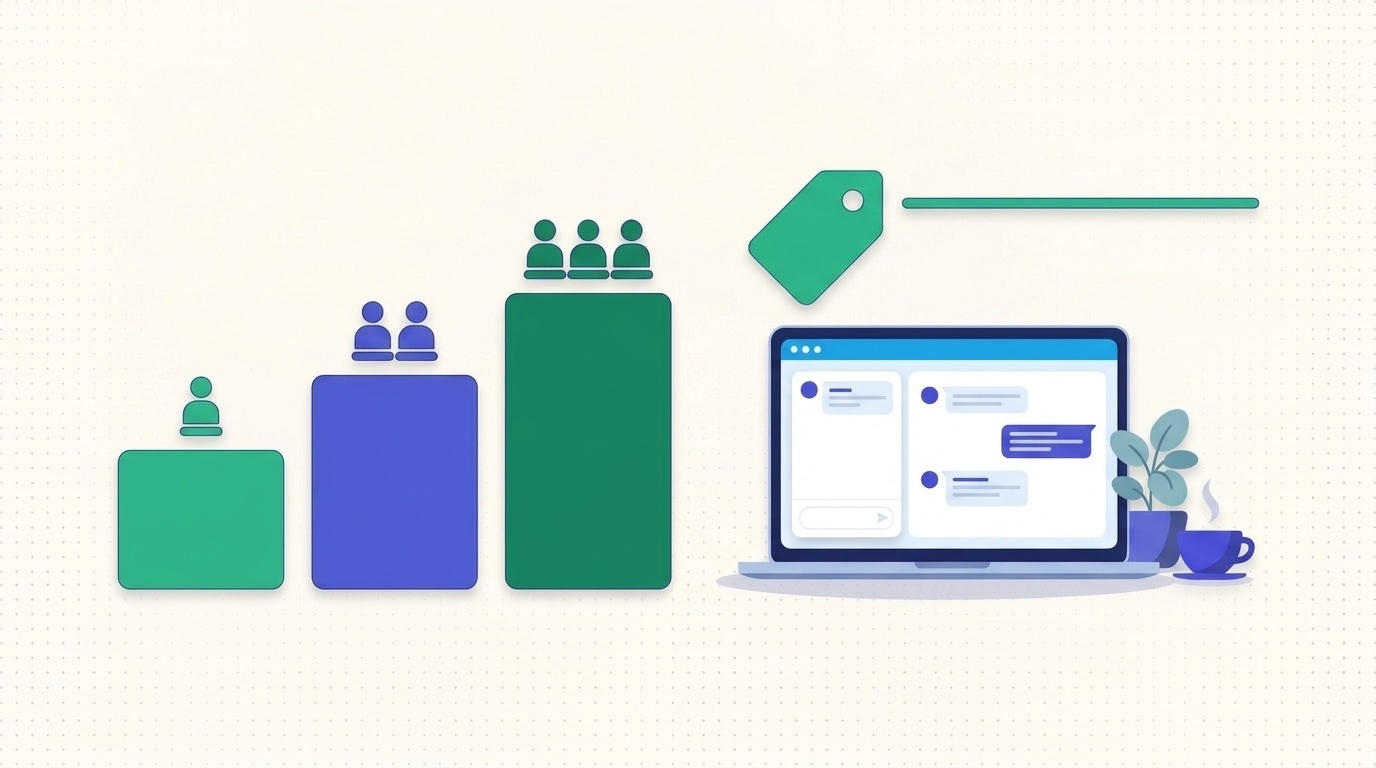 Illustration of per-agent help desk prices rising with team size beside a support inbox and a price tag