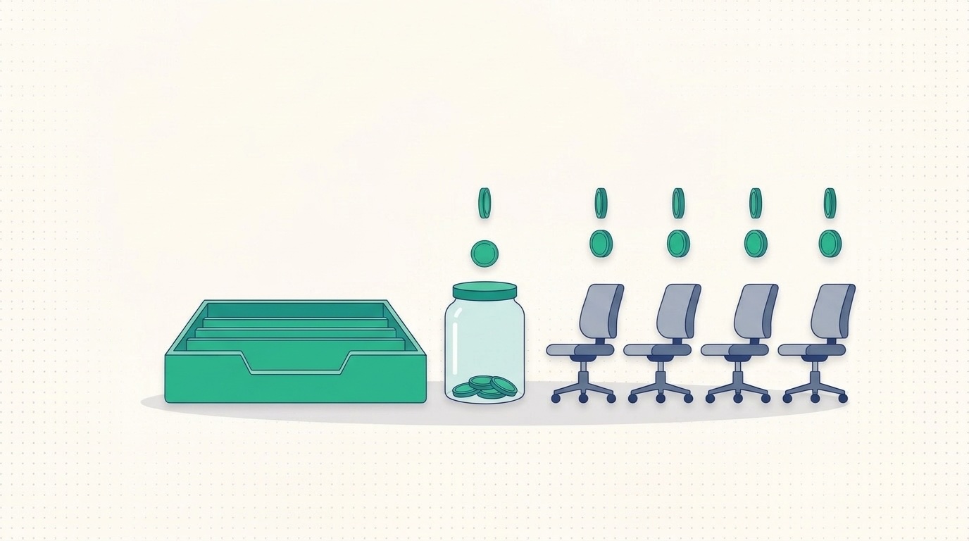 Illustration of a shared inbox tray beside a row of office chairs, a coin dropping into a jar above each seat