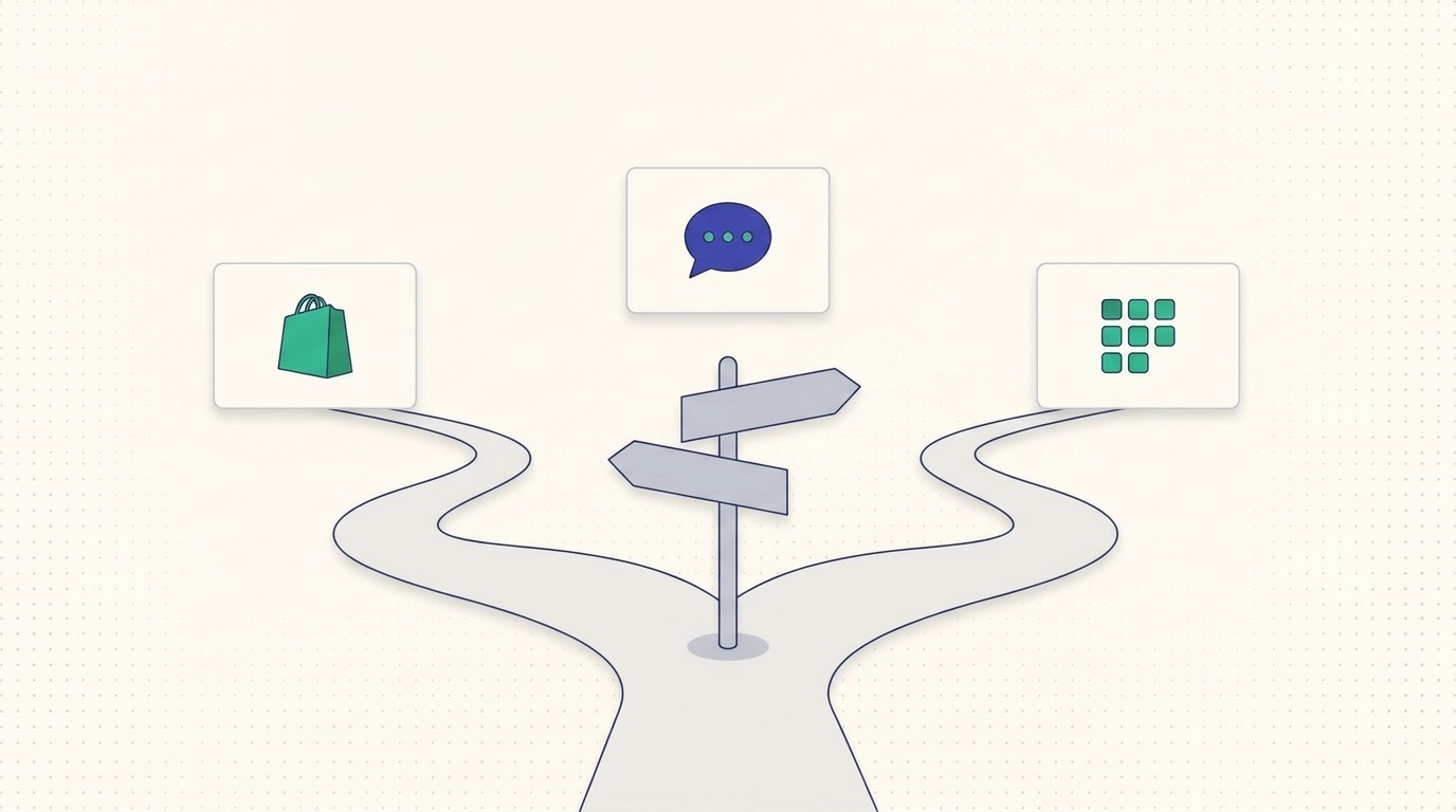 Flat illustration of a signpost at a fork in a path leading to three support tool cards: a shopping bag, a chat bubble and an app grid