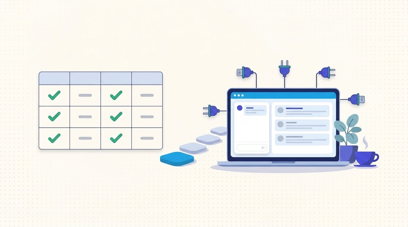 Illustration of an integrations comparison grid beside a help desk inbox with connector plugs