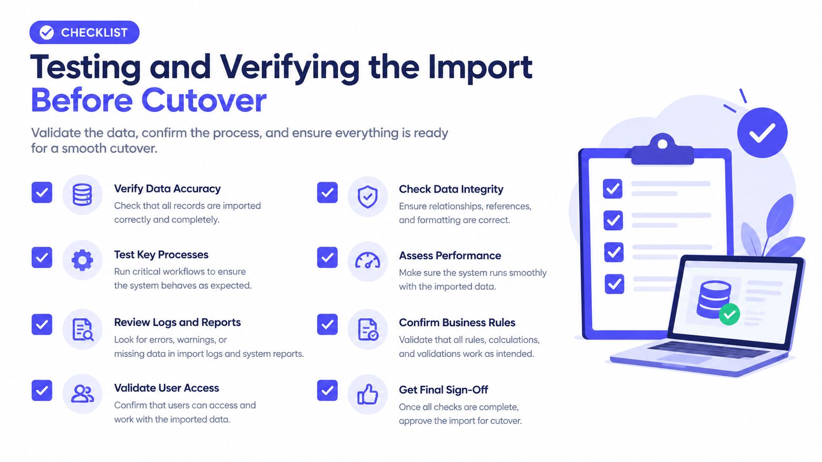 A professional checklist infographic detailing essential steps for testing and verifying data migration before system cutover.