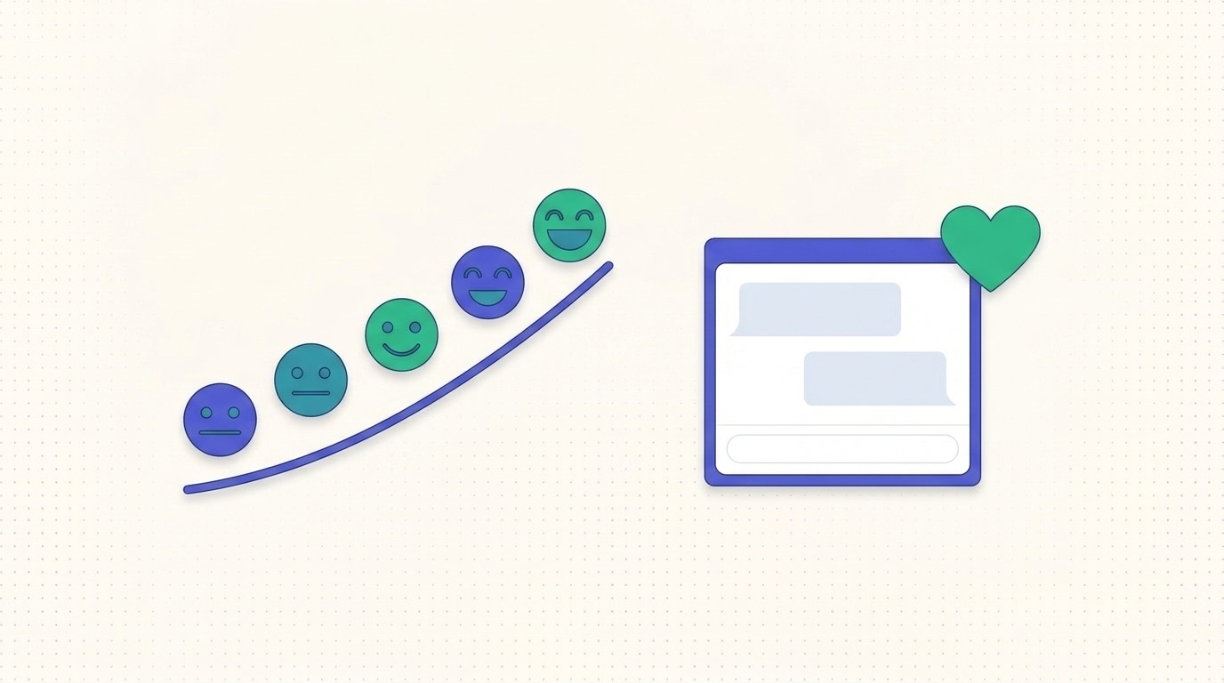 Illustration of customer satisfaction rising from neutral to happy faces beside a support chat window