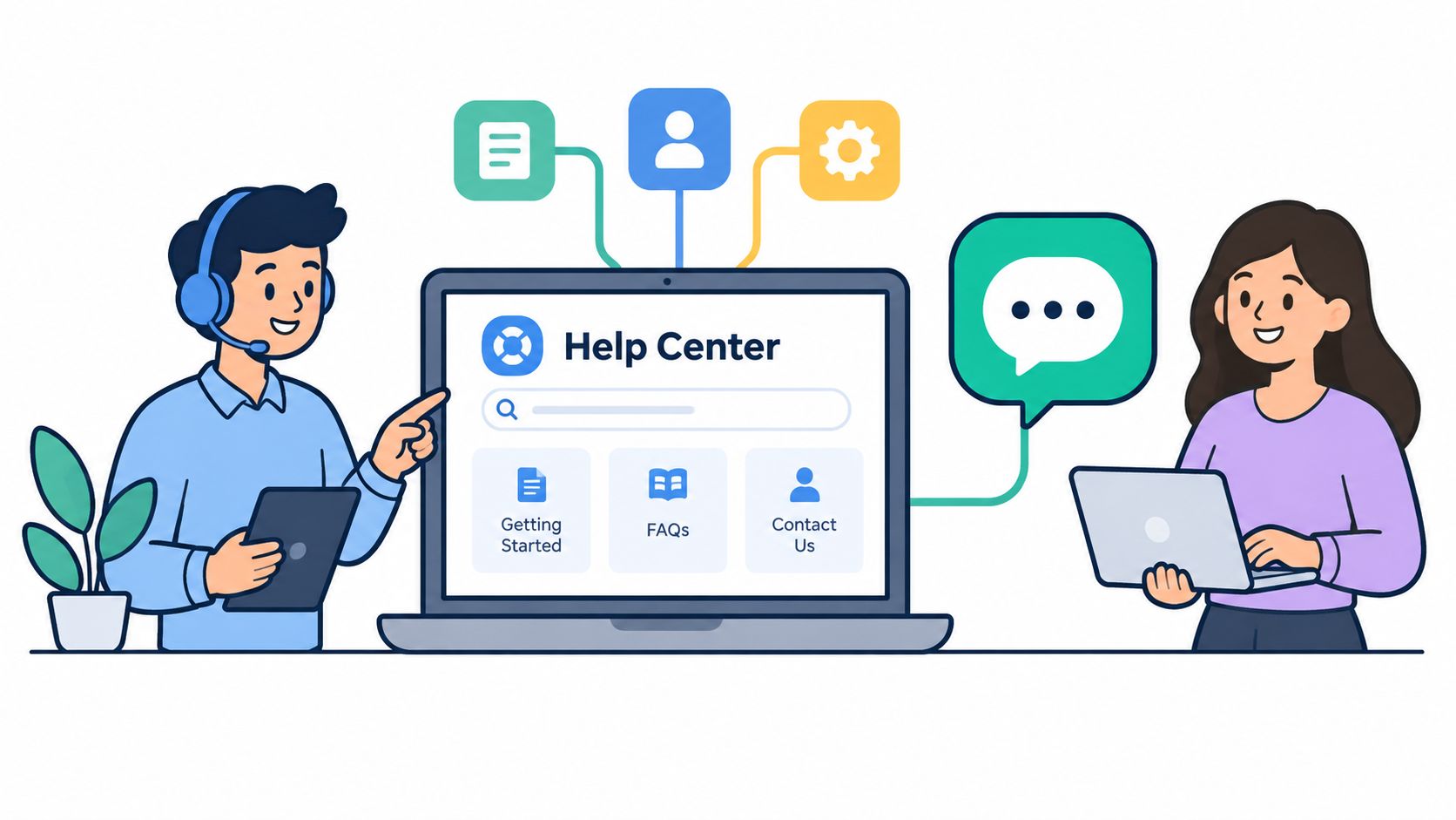 A support agent pointing to a Help Center laptop with a user interacting via live chat.