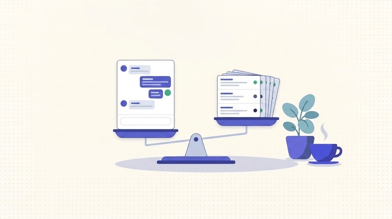 Illustration of a live chat window and a ticket queue side by side, comparing chat-first and ticket-first support