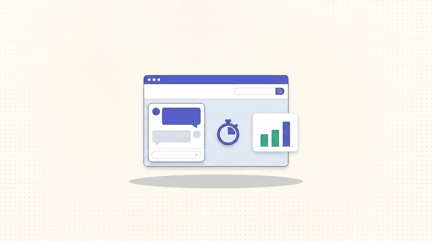 Illustration of a website live chat widget beside a stopwatch and a bar chart