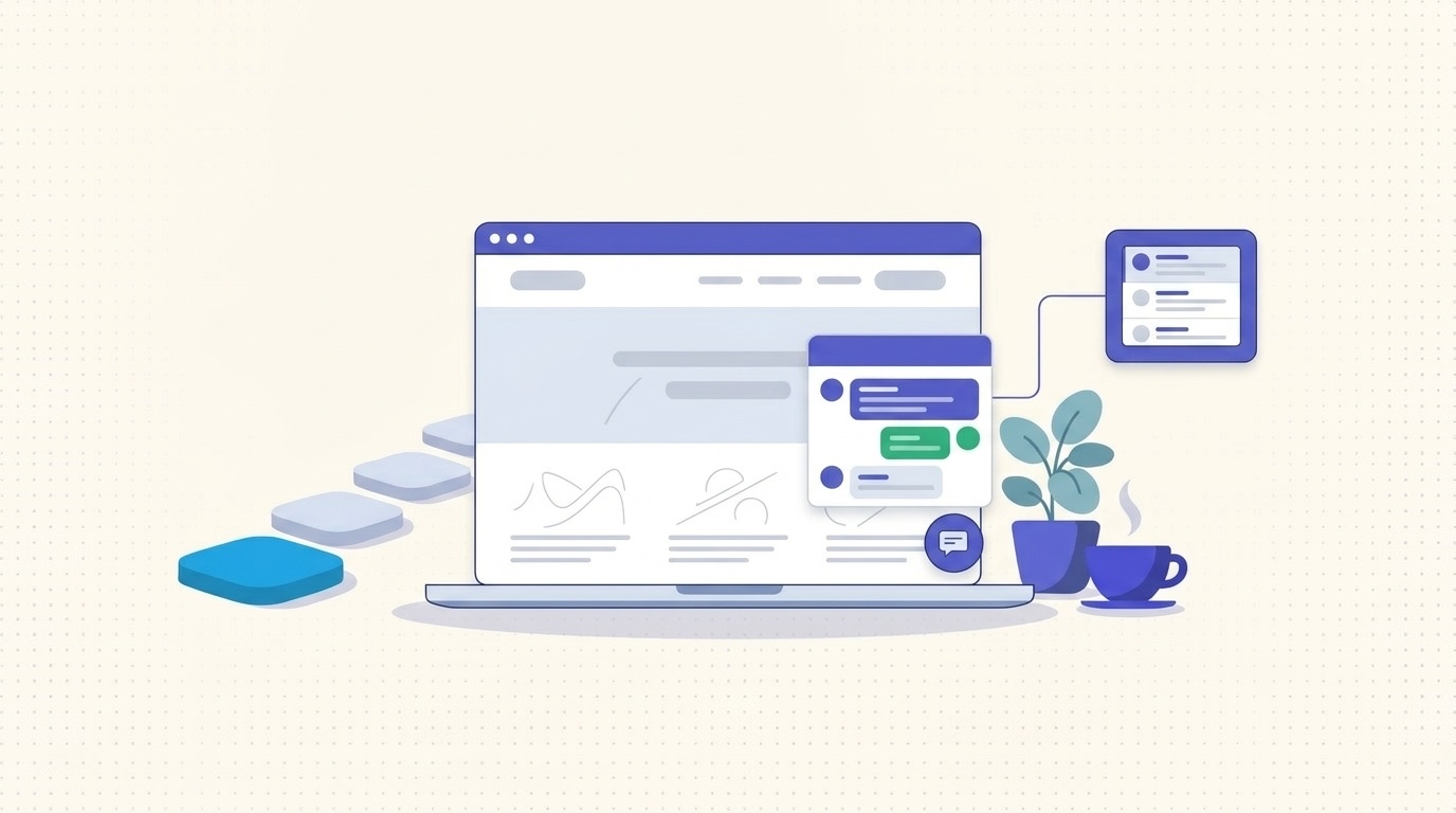 Illustration of a website with a live chat widget open beside a support inbox
