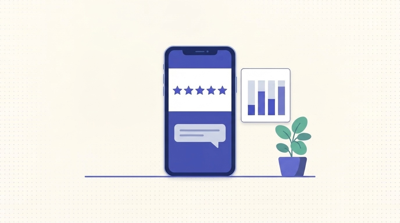 Illustration of a phone showing a star rating and a support reply beside a bar chart
