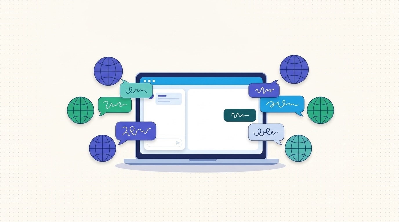 Illustration of a support chat receiving messages in many languages from around the world
