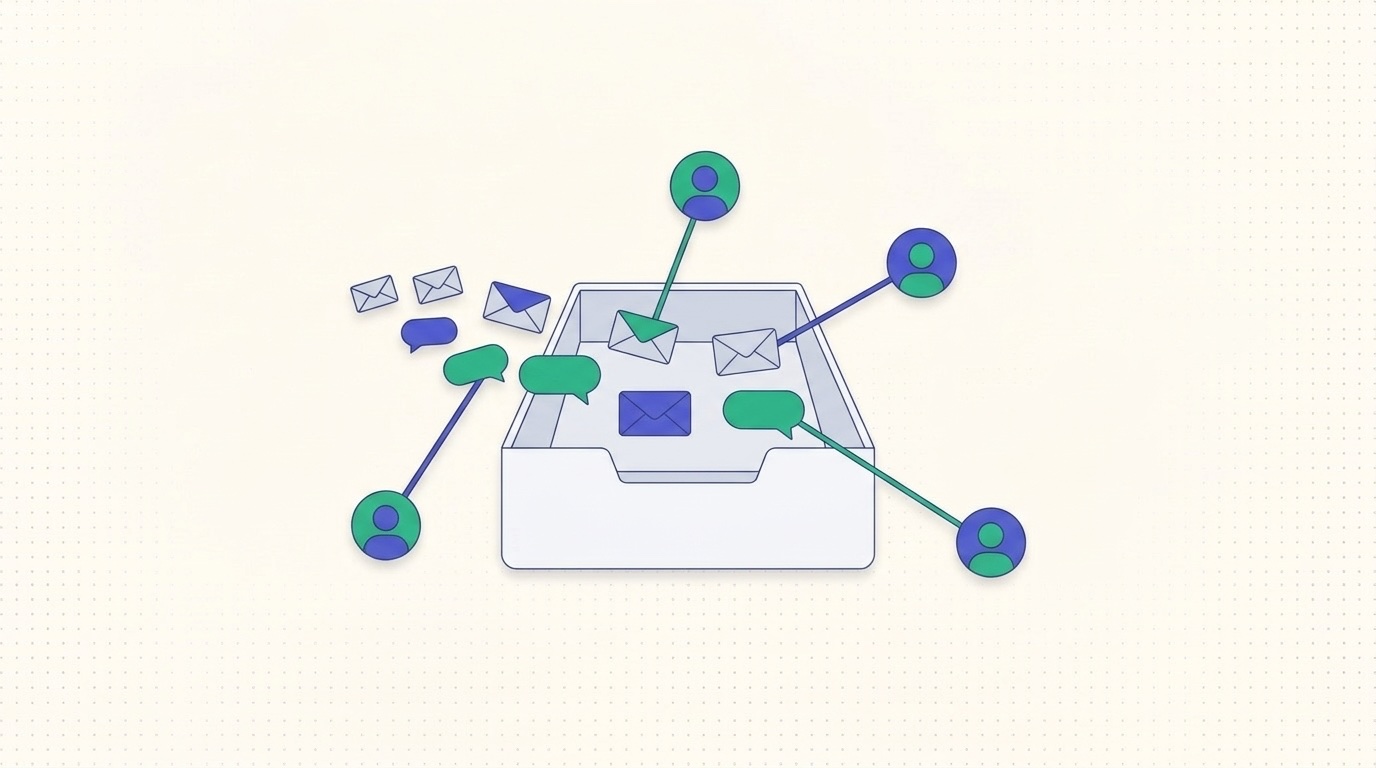 Flat illustration of emails and chat messages flowing into one inbox tray, each linked to a teammate avatar