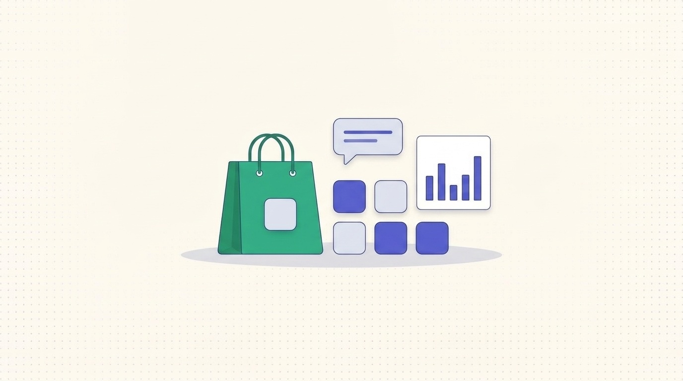 Illustration of a shopping bag and app tiles beside a support chat bubble and a bar chart