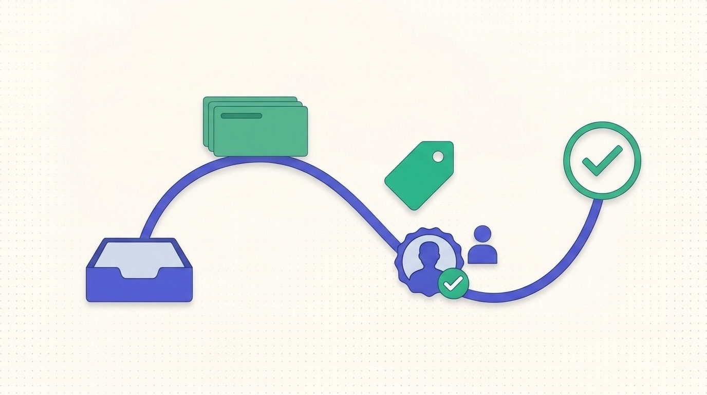 Flat illustration of support tickets moving from an inbox tray, through an owner badge, to a green completed checkmark