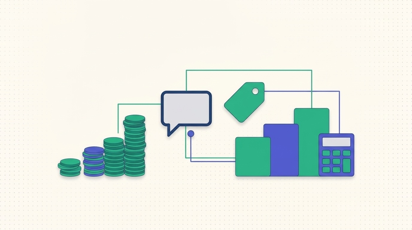 Flat illustration of a chat bubble linked to rising coin stacks, tiered pricing cards and a calculator