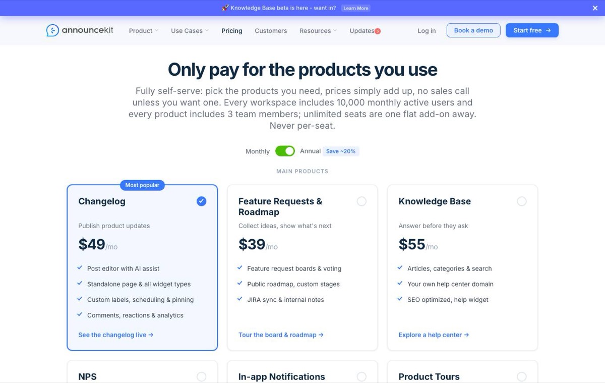 AnnounceKit pricing page showing its Changelog, Feature Requests and Knowledge Base products