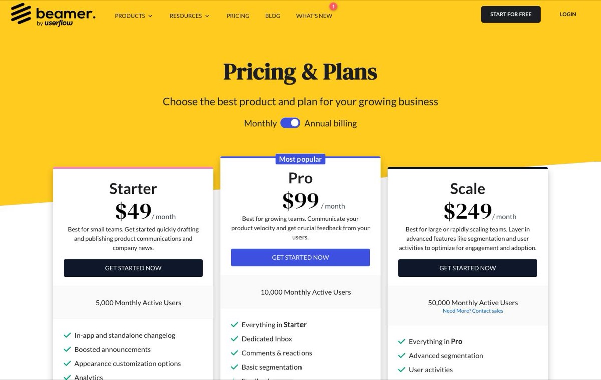 Beamer pricing page showing Starter, Pro and Scale plans