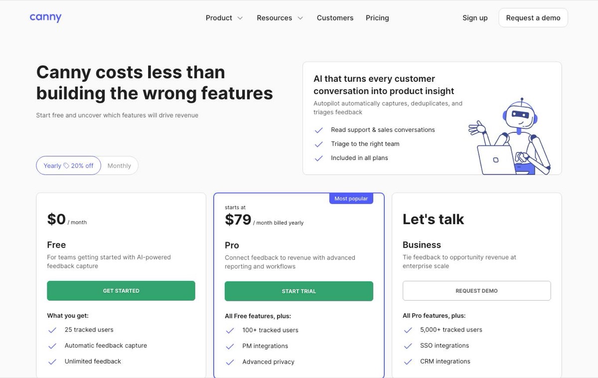 Canny pricing page showing Free, Pro and Business plans