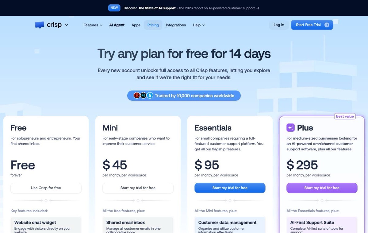 Crisp pricing page showing Free, Mini, Essentials and Plus plans
