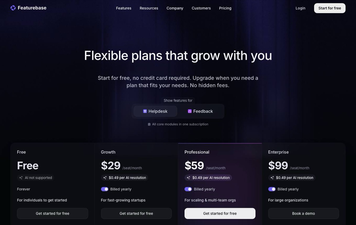 Featurebase pricing page showing Free, Growth, Professional and Enterprise plans