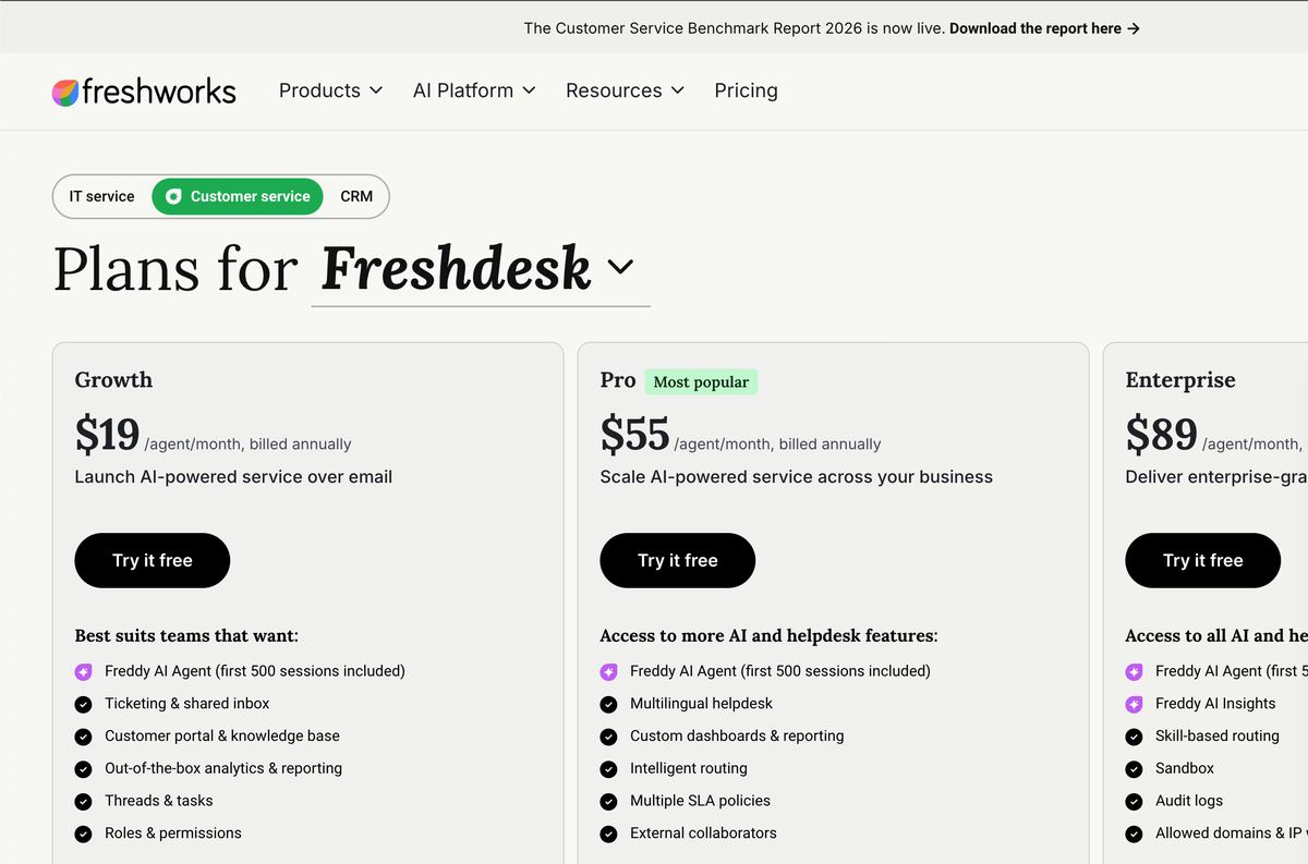 Freshdesk pricing page showing Growth, Pro and Enterprise plans billed annually