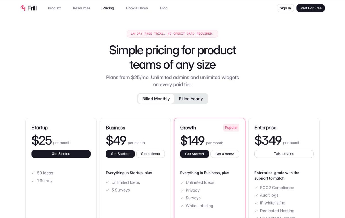 Frill pricing page showing Startup, Business, Growth and Enterprise plans