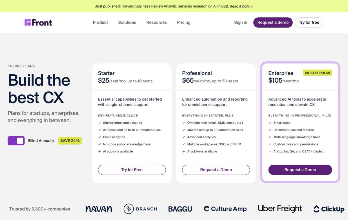 Front pricing page showing Starter, Professional and Enterprise plans