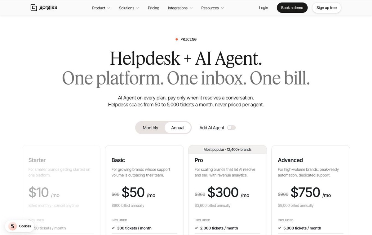 Gorgias pricing page showing Starter, Basic, Pro and Advanced plans