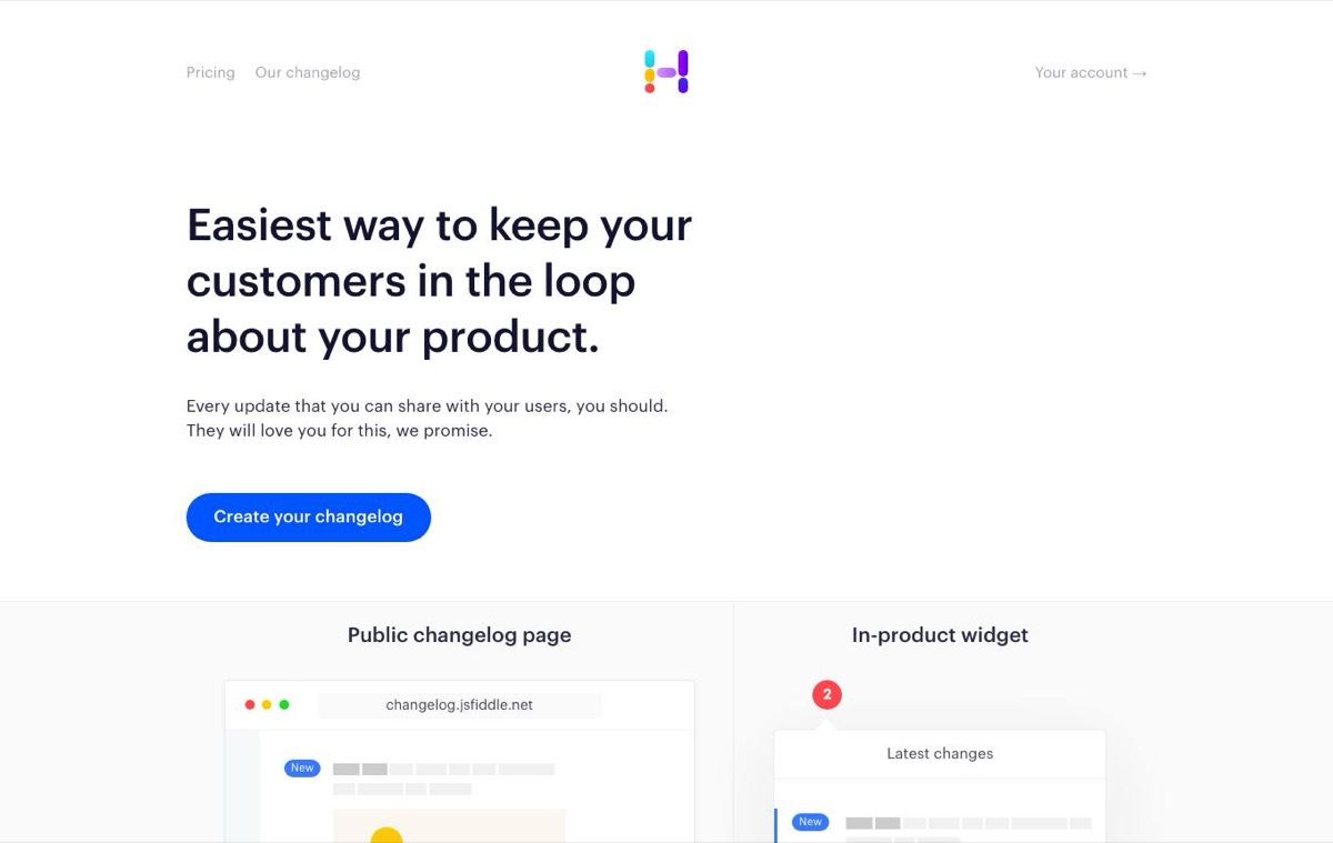 Headway homepage showing its public changelog page and in-product widget