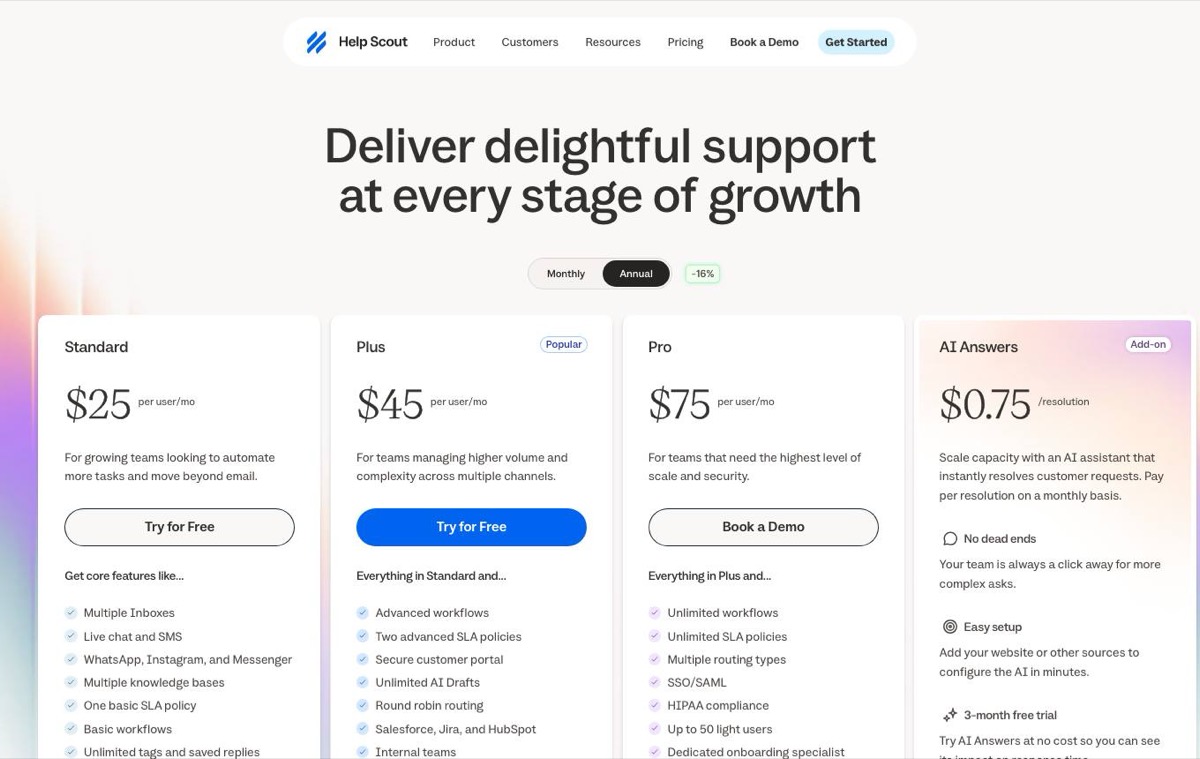 Help Scout pricing page showing Standard, Plus and Pro plans on annual billing
