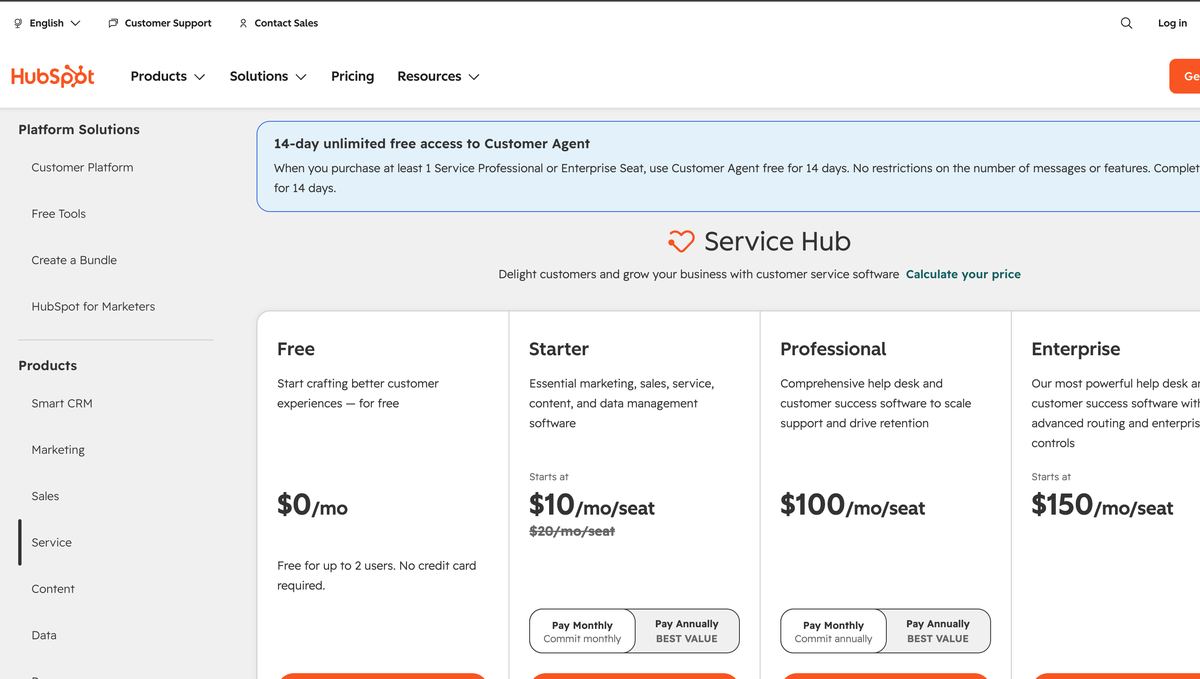 HubSpot Service Hub pricing page showing Free, Starter, Professional and Enterprise plans