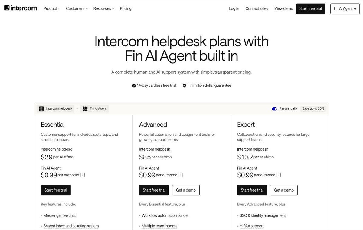 Intercom pricing page showing Essential, Advanced and Expert plans with Fin AI Agent