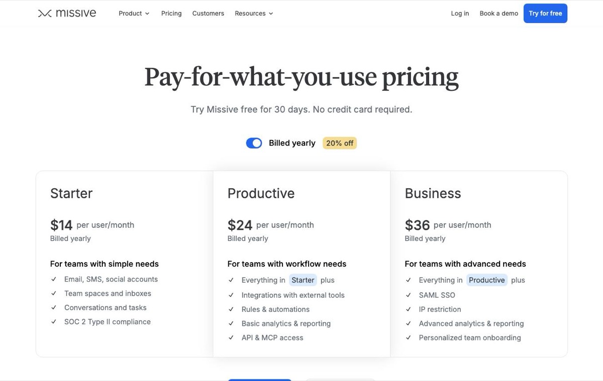 Missive pricing page showing Starter, Productive and Business plans