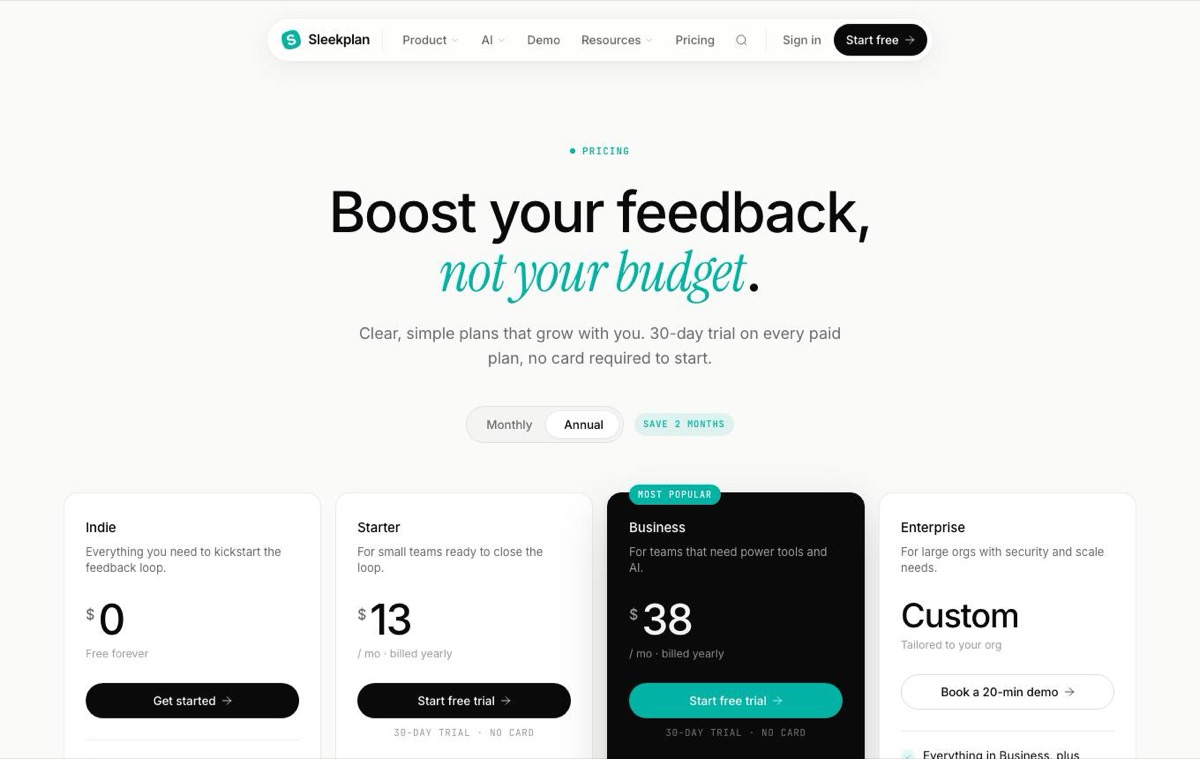 Sleekplan pricing page showing Indie, Starter, Business and Enterprise plans