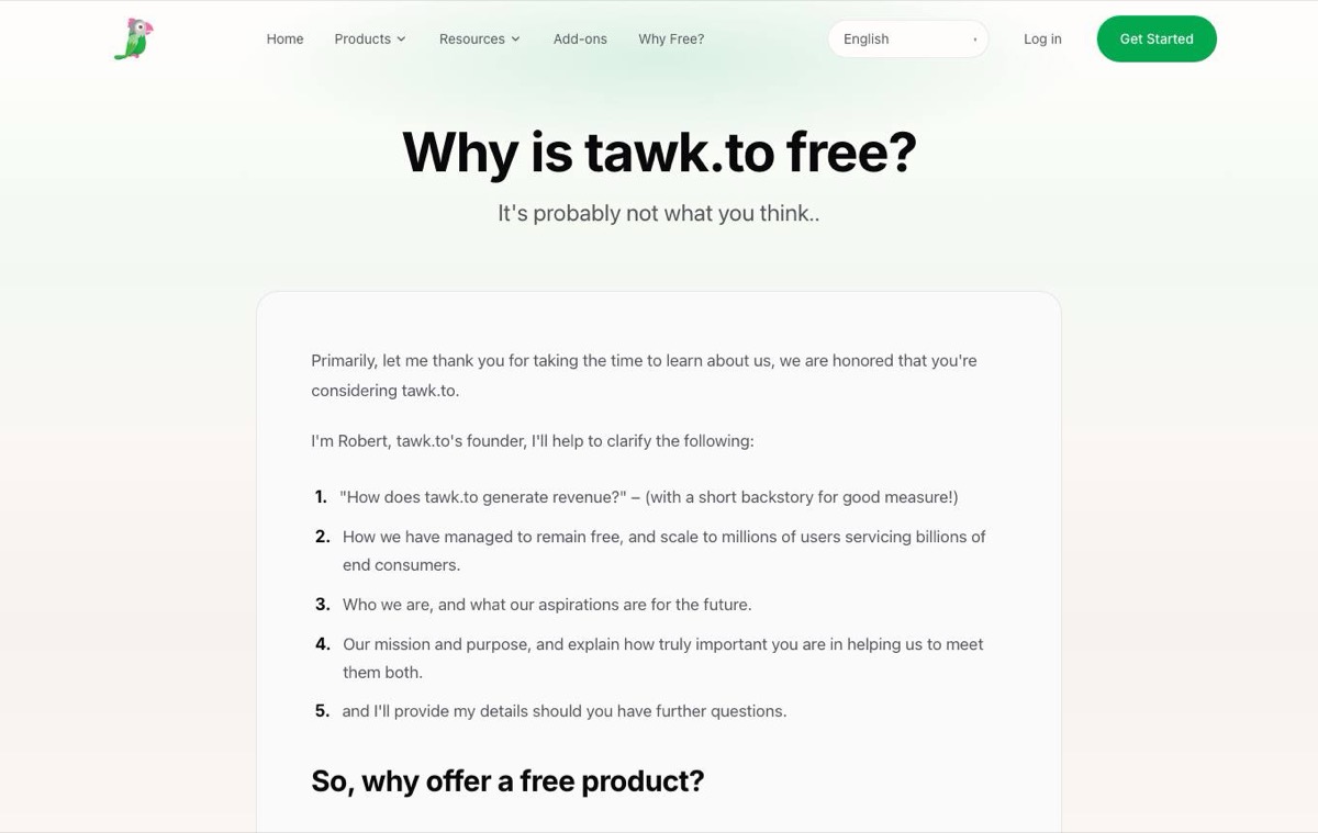 tawk.to page explaining why its live chat is free