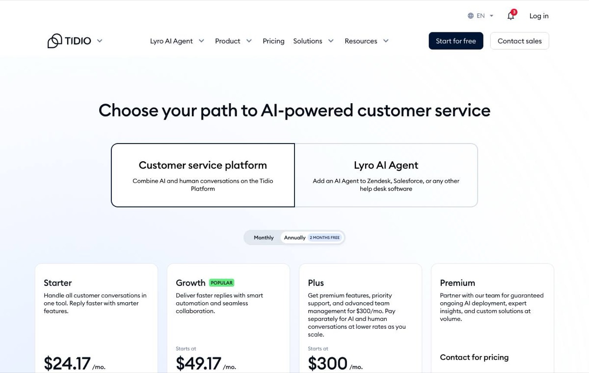 Tidio pricing page showing Starter, Growth, Plus and Premium plans