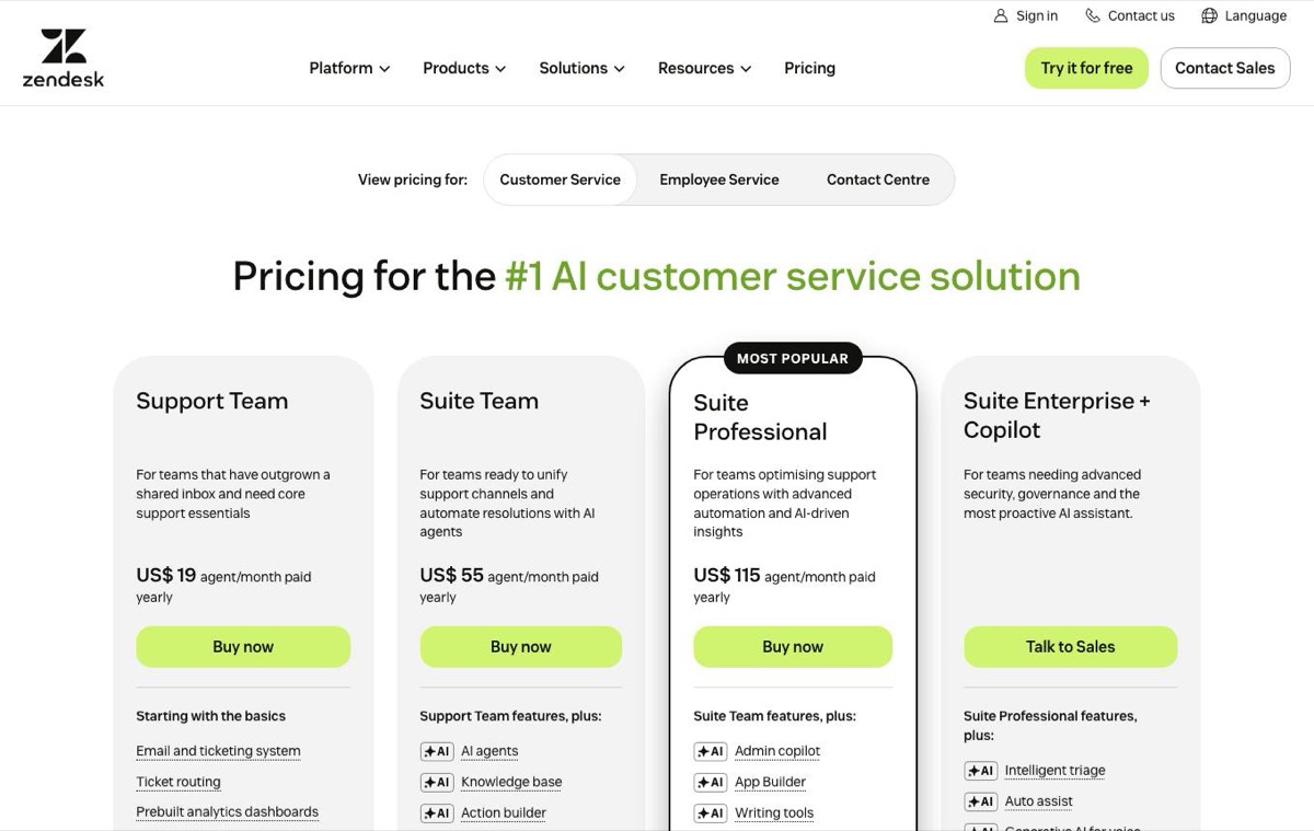 Zendesk pricing page showing Support Team, Suite Team and Suite Professional plans