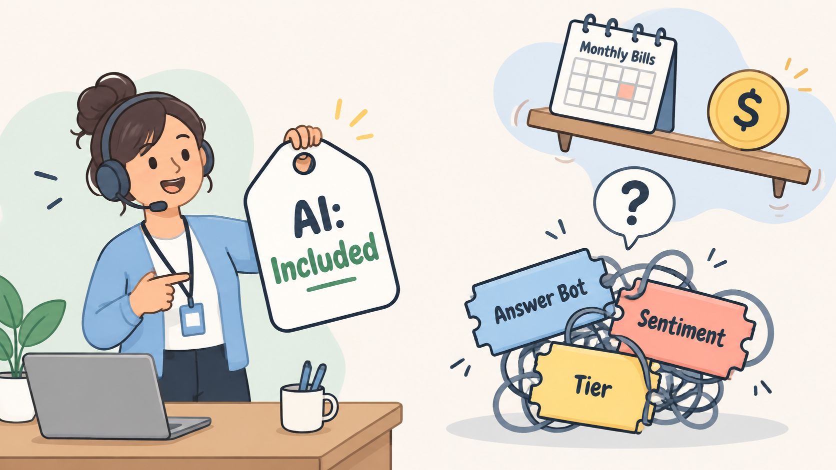 A support agent pointing to an AI included sign with confusing pricing tiers and monthly billing options.