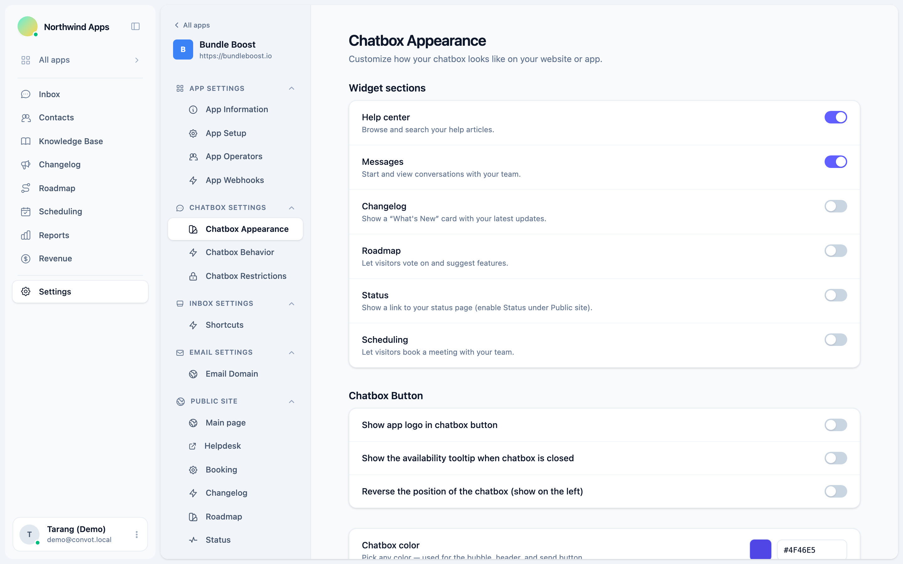 Chatbox appearance settings, brand color, sections, layout