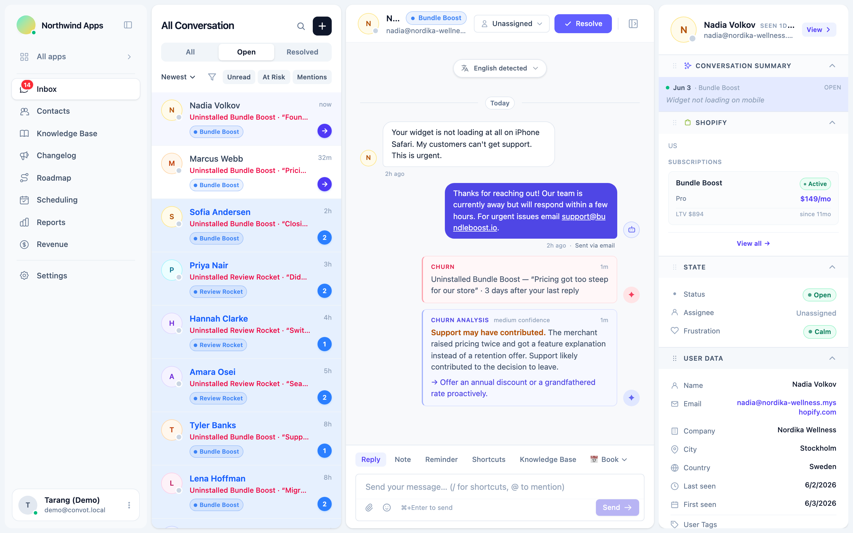 The AI churn verdict card in a reopened conversation