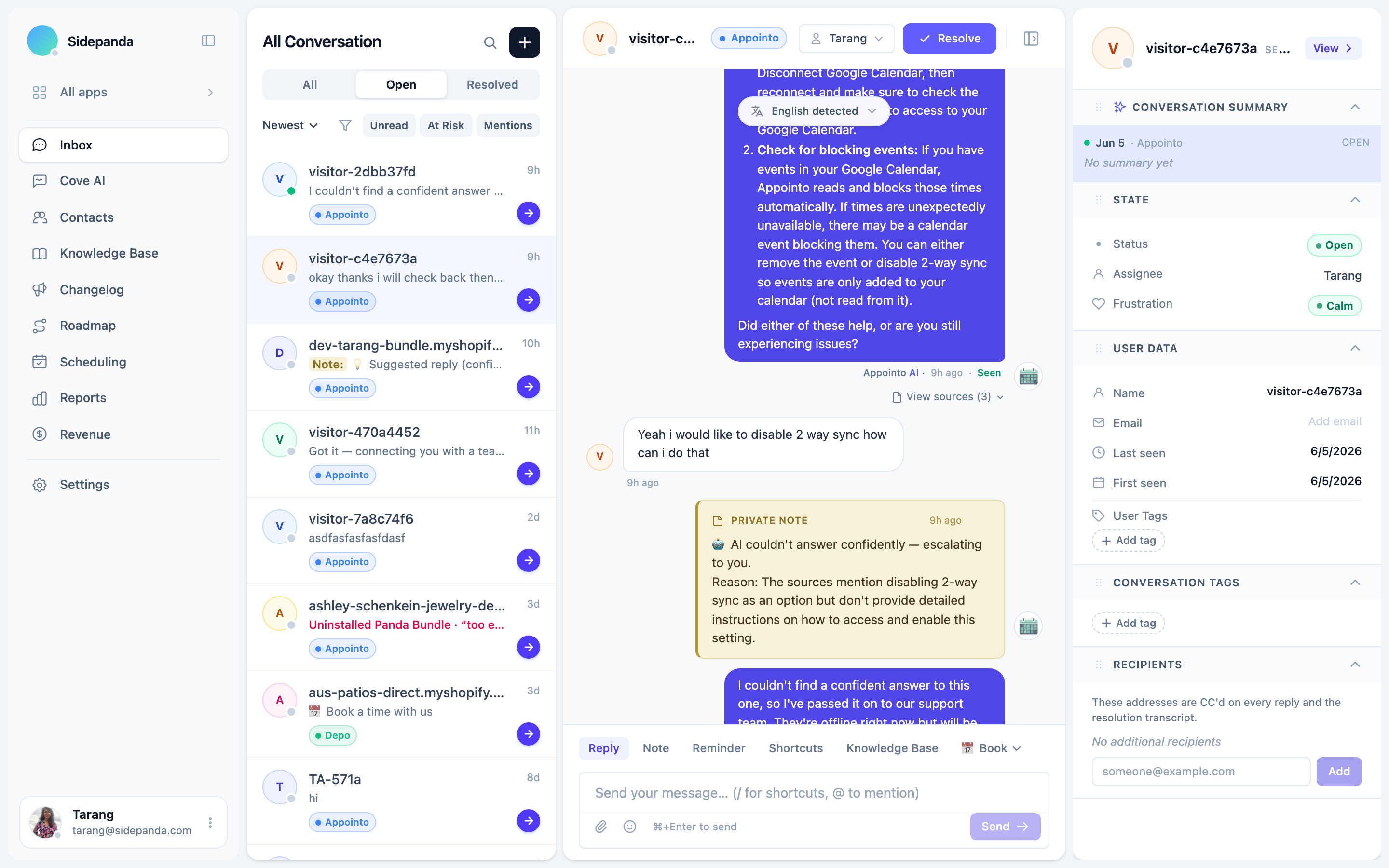 Cove AI answering a customer question in chat with a source citation