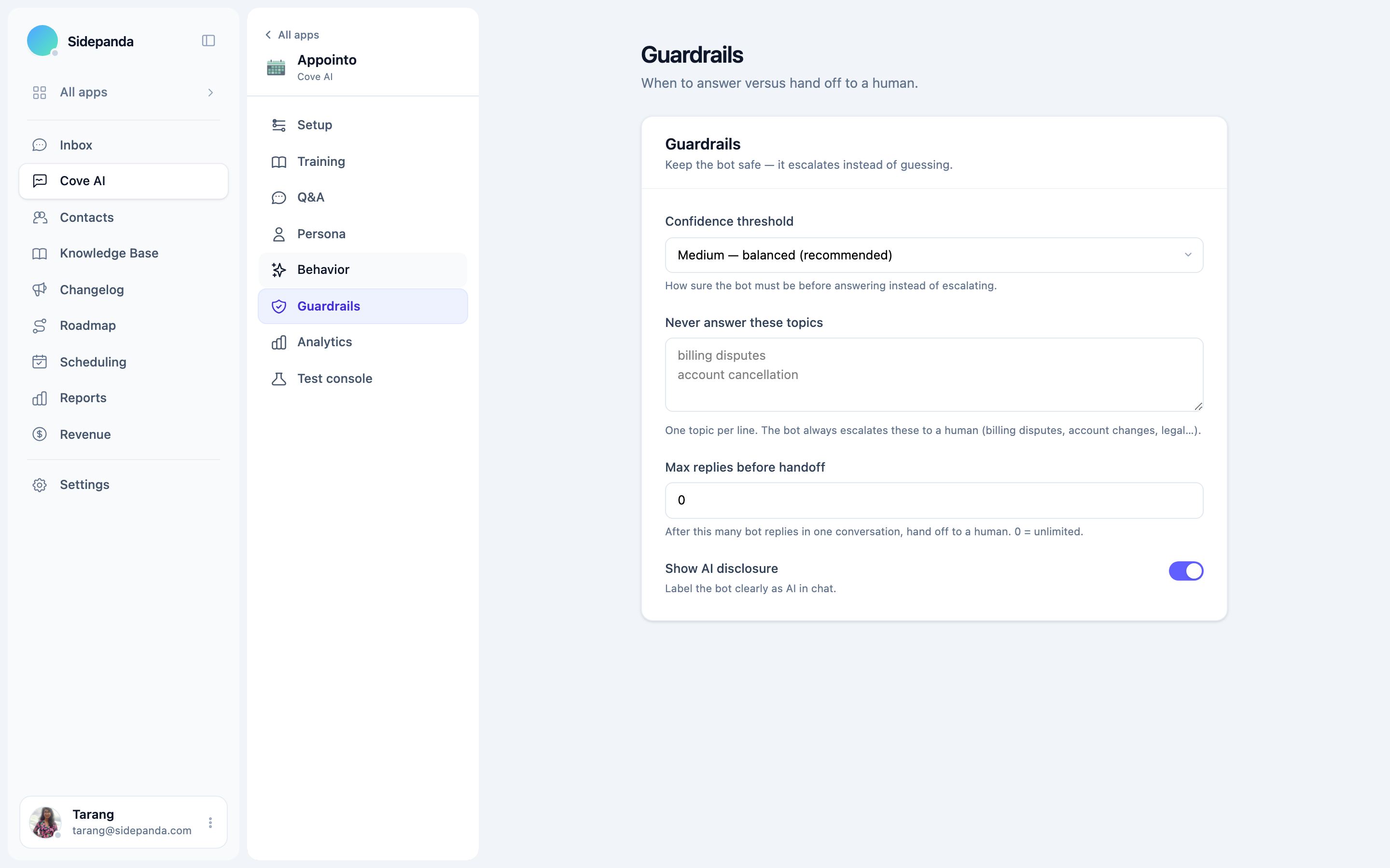 Guardrail settings: confidence threshold and never-answer topics