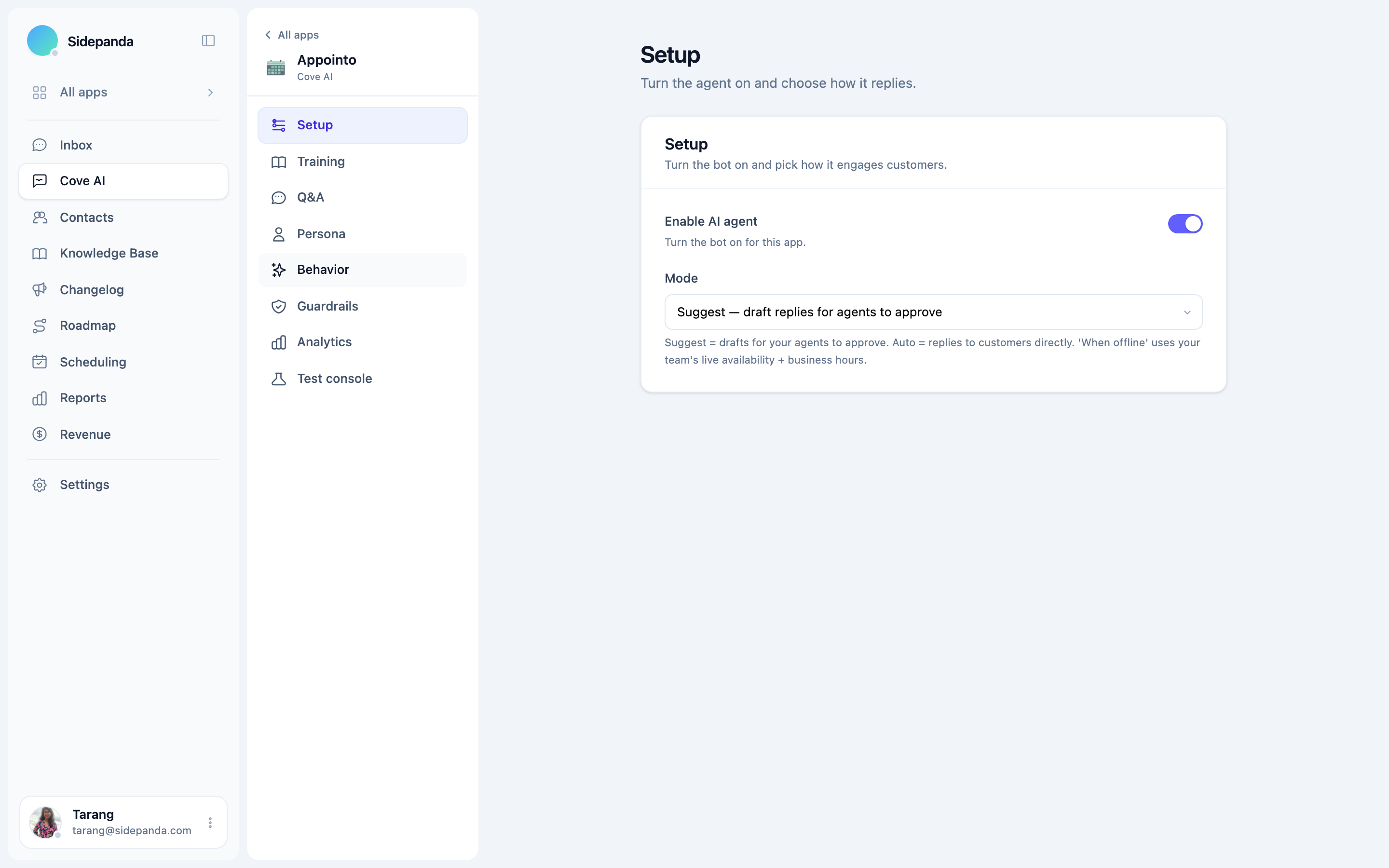 The agent setup with reply modes and the Suggest-mode trust funnel