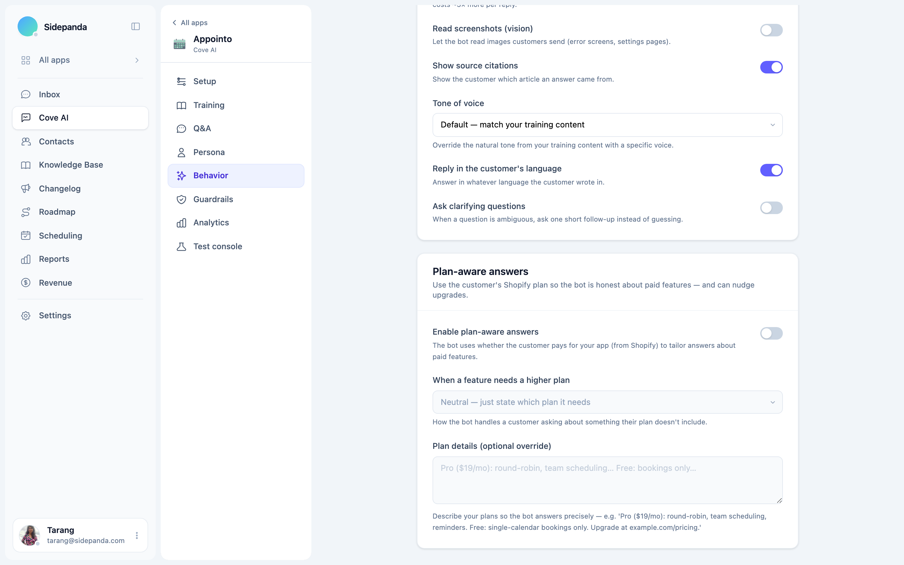 Cove AI giving a plan-aware answer about a paid feature