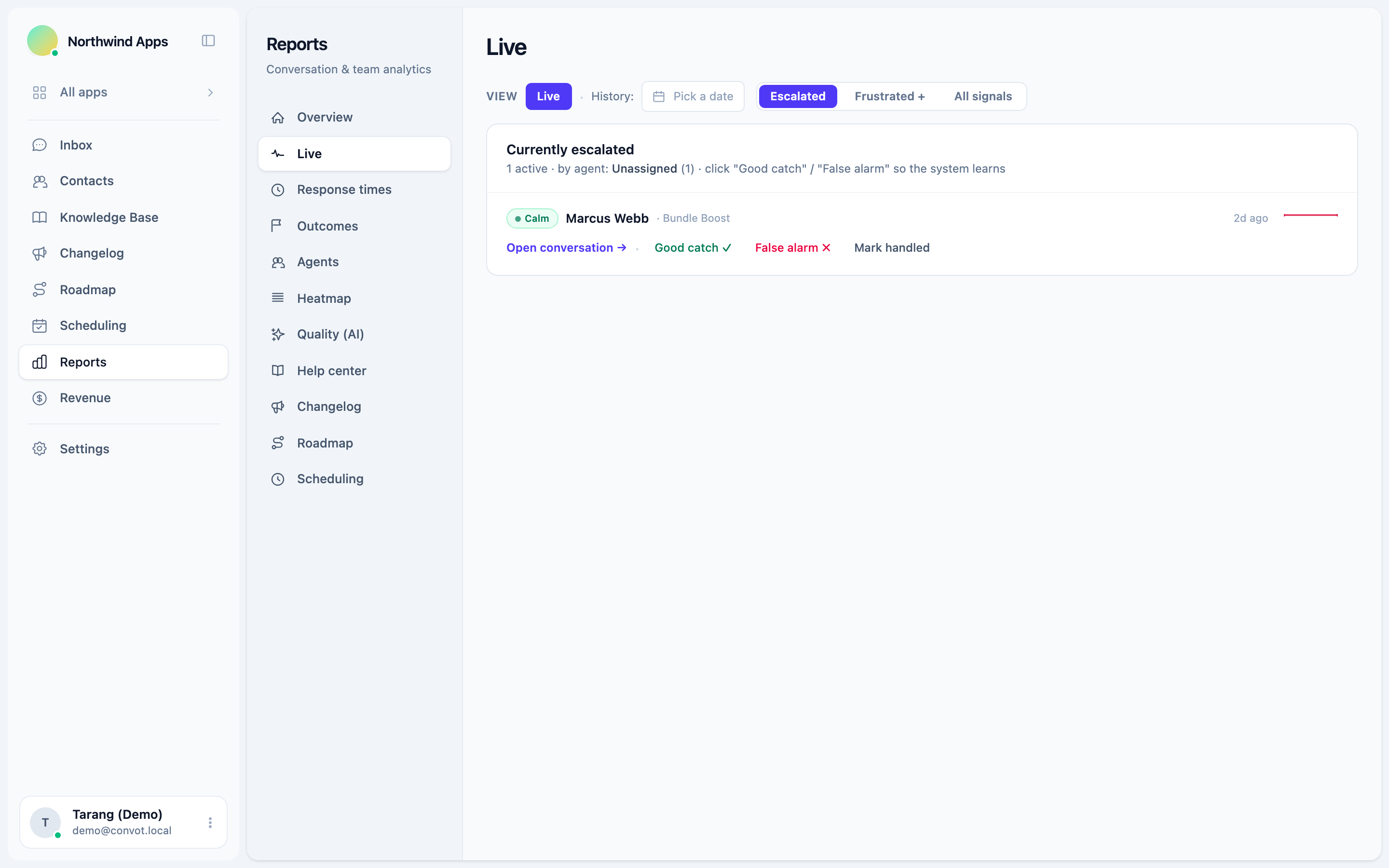 Escalation Live tab + churn verdict