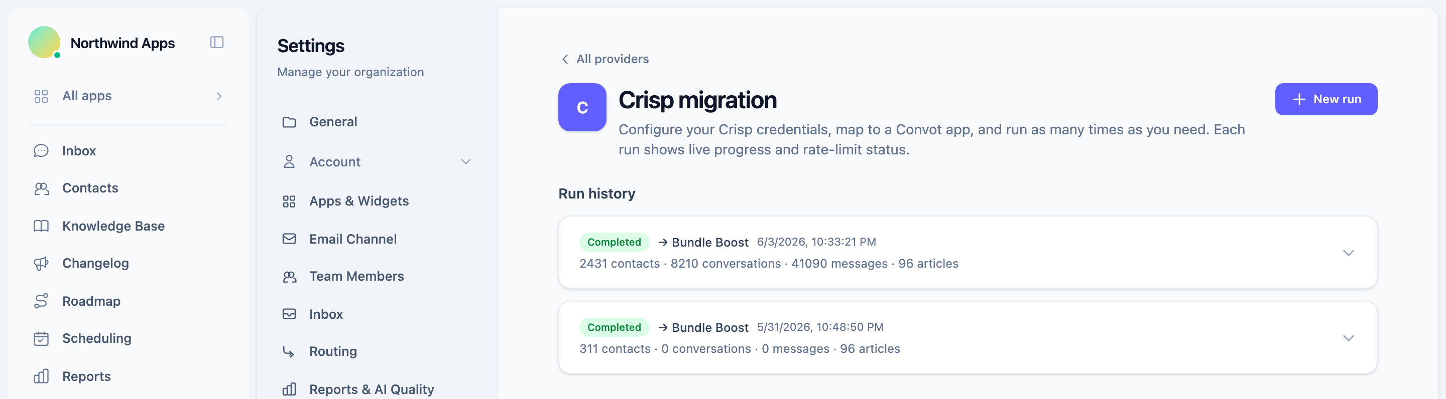 Crisp migration run history, completed imports with contacts, conversations, messages, and articles brought over