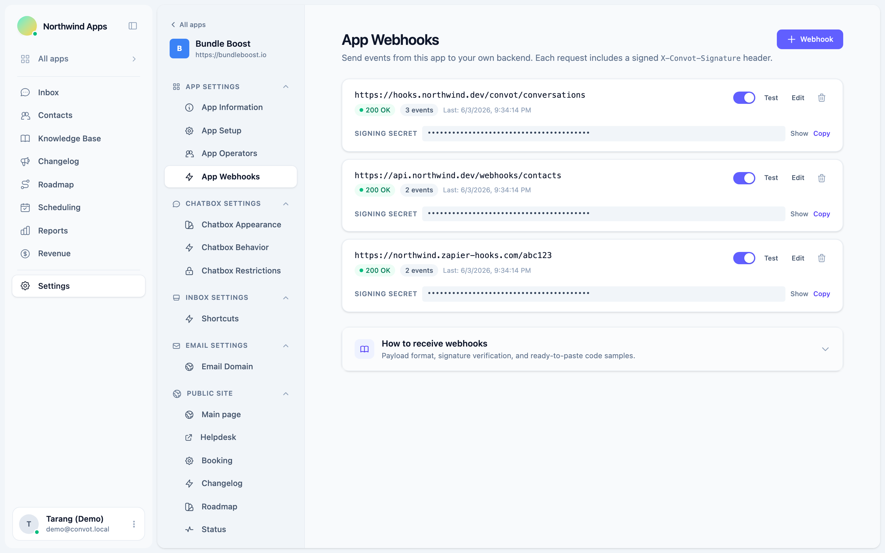 App webhooks, signed events to your backend