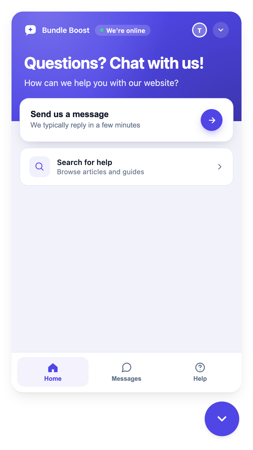 Widget home, online state, agent faces, away ETA